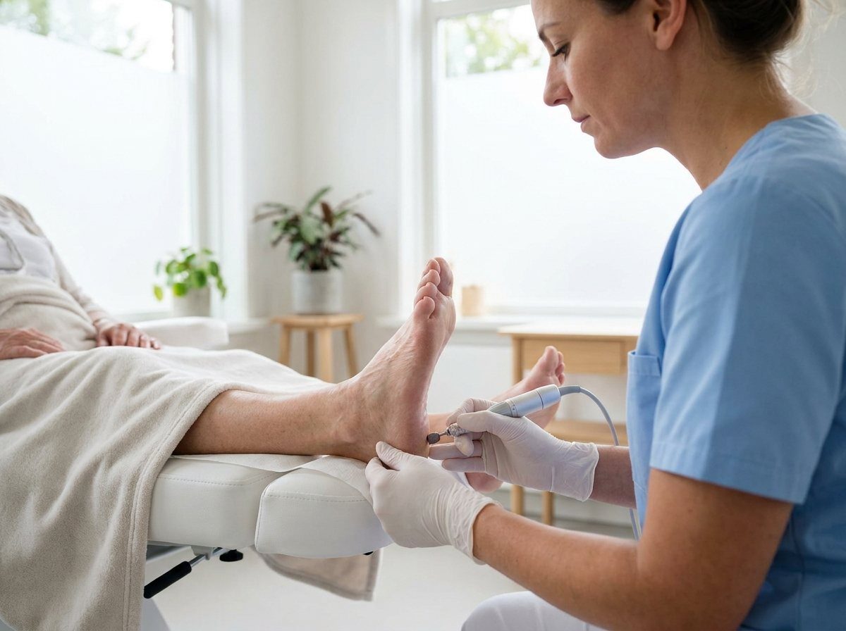 Medische voetbehandeling met handschoenen (voorbeeldbeeld)